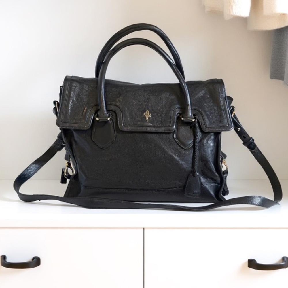 Cole Haan Black Leather Satchel with Crossbody Strap